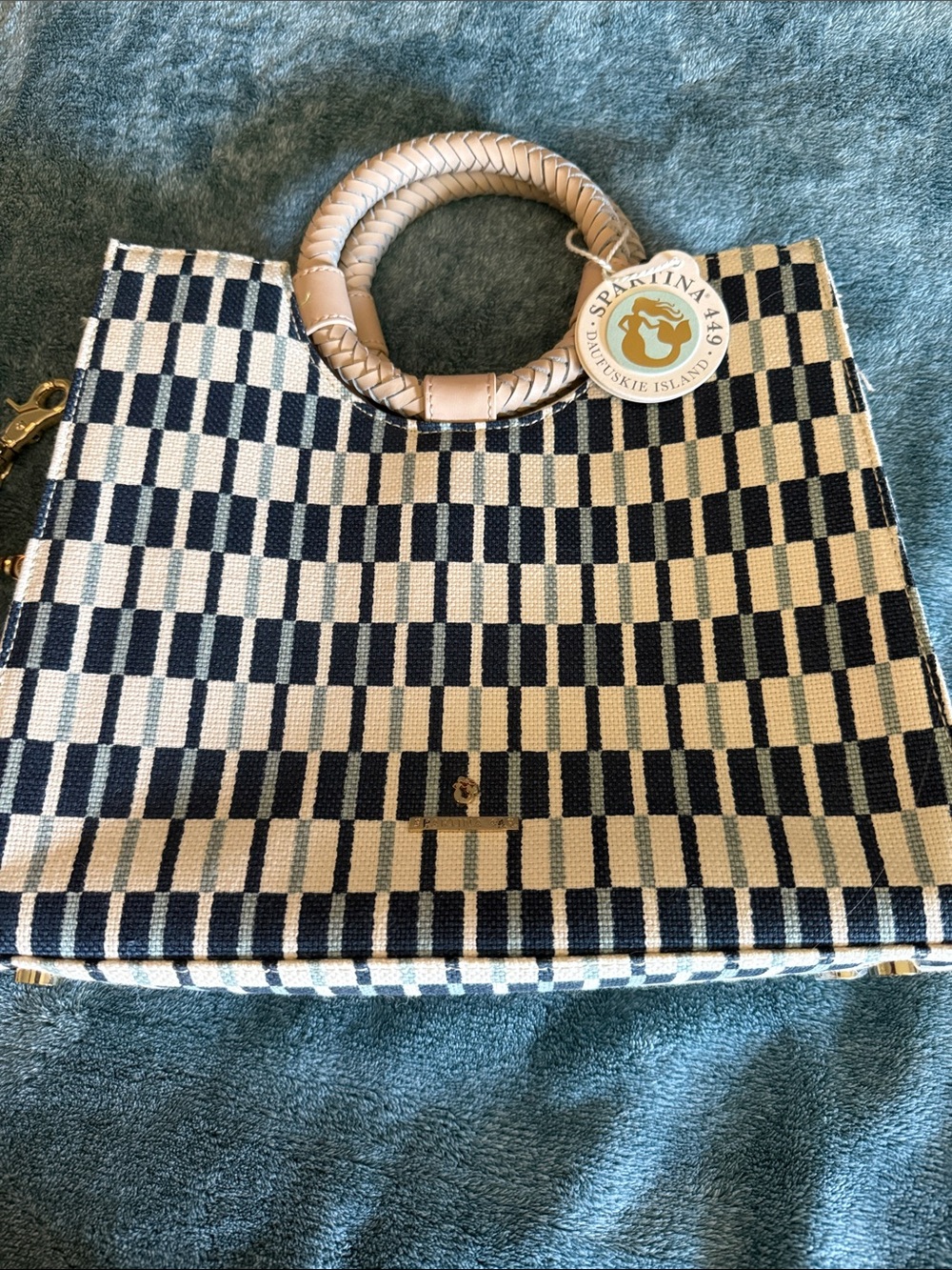 Spartina 449 Navy and Cream Checkered Round-Handle Tote